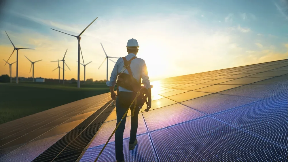 An engineer walking on solar panels with windmills in the background, indicating renewable energy. Purchasing renewable energy provides a green energy certificate to the buyer, allowing them to address scope 2 emissions.